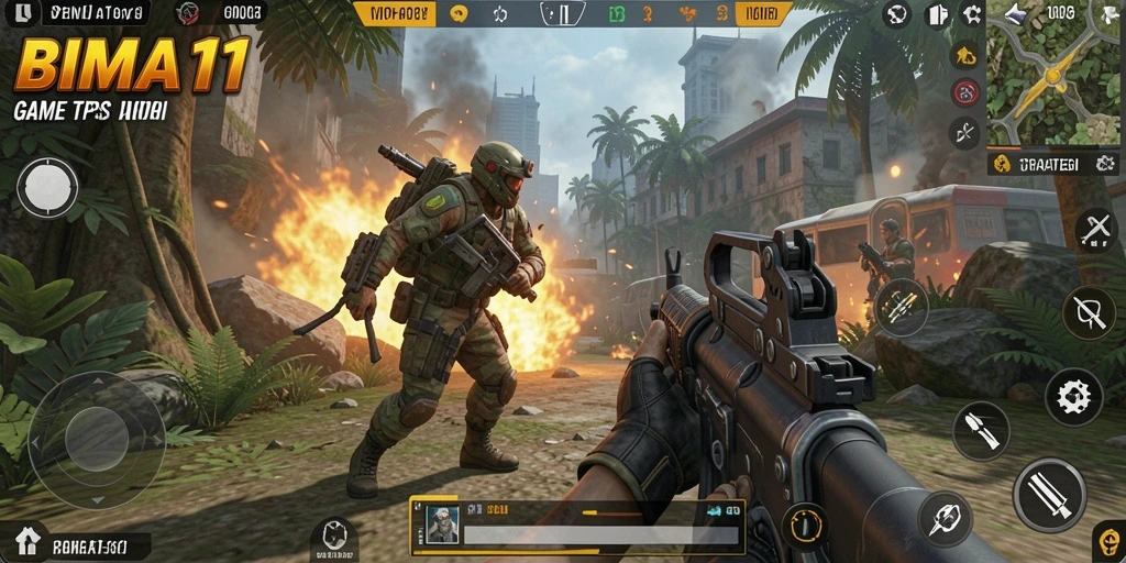 Screenshot utama BIMA11 menampilkan gameplay TPS yang intens dan penuh aksi.