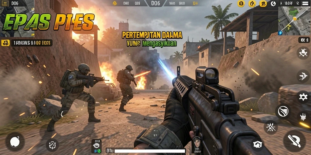 Screenshot utama menunjukkan aksi tembak-menembak yang mendebarkan dalam D06.