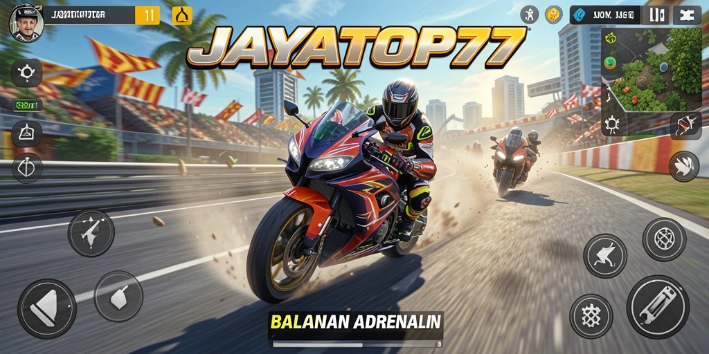 Gameplay JAYATOP77 menampilkan aksi balapan motor yang menegangkan dan seru.