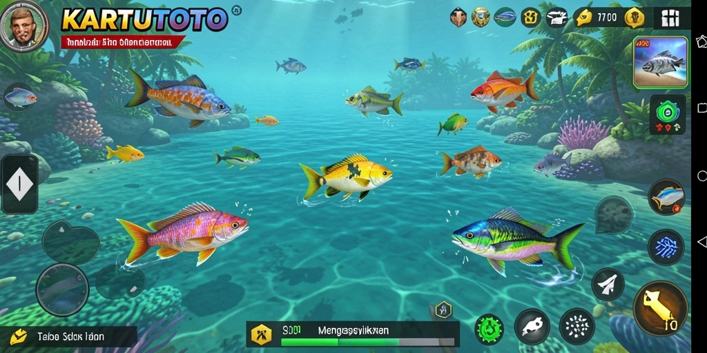 Screenshot gameplay KARTUTOTO yang menunjukkan aksi menembak ikan.
