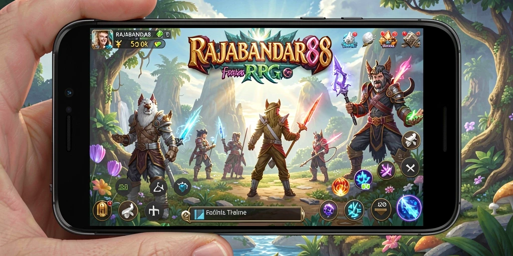 Tangkapan layar menunjukkan dunia fantastis dalam game RPG RAJABANDAR88.