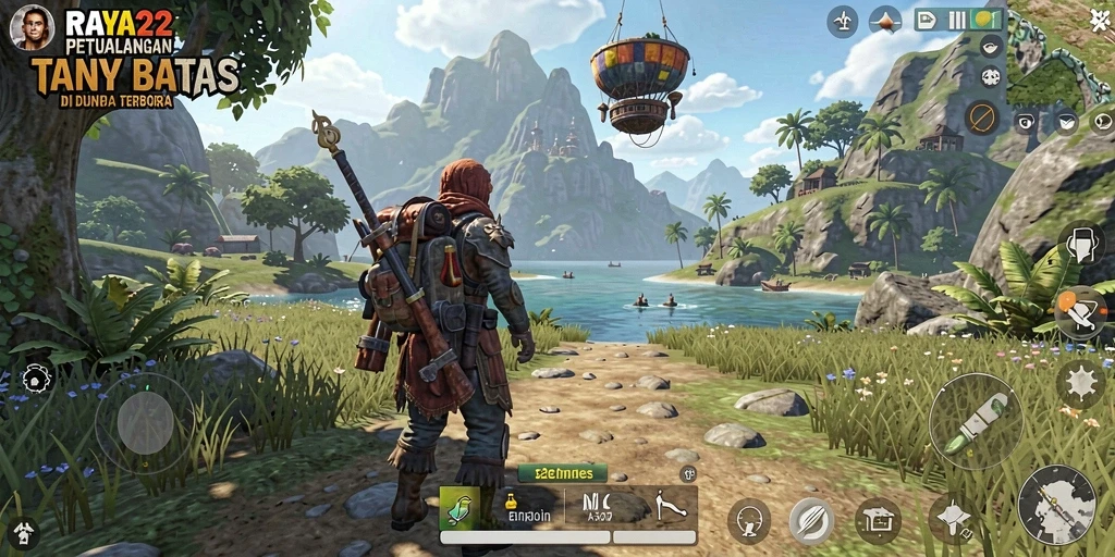 Screenshot gameplay RAYA22 menampilkan petualangan eksplorasi di dunia terbuka.