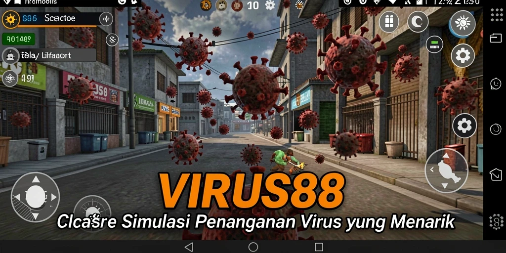 Tampilan gameplay menantang dalam VIRUS88 yang menunjukkan penanganan virus.